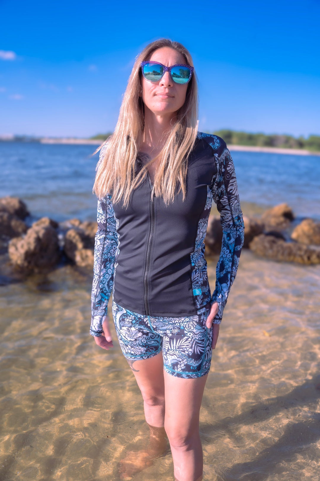 Spacefish Full Zip Up Electric Blue Octofloral Rash Guard