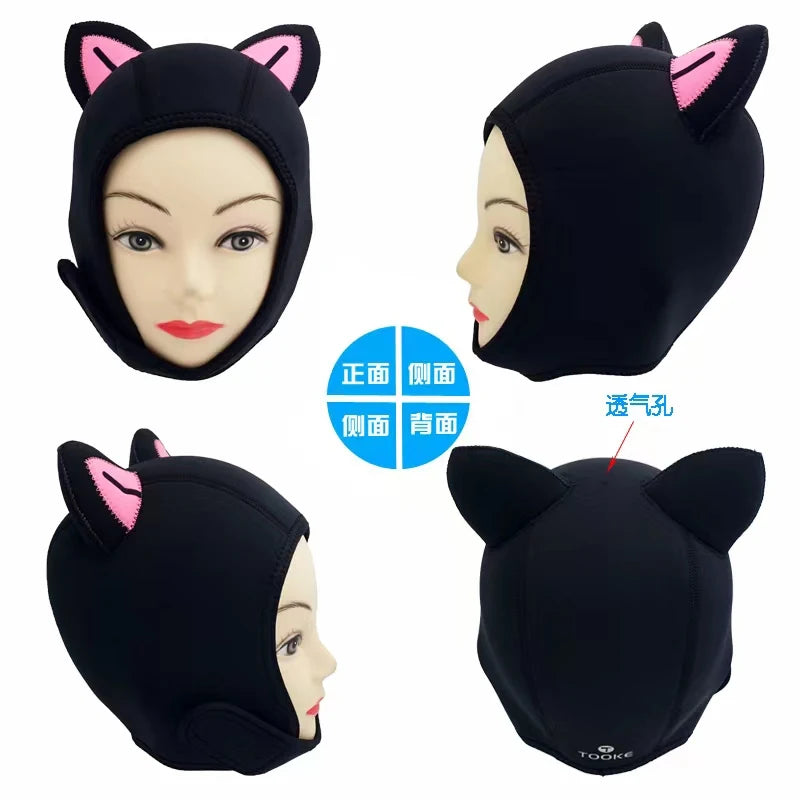 Tooke 3mm Diving Hood OS with Velcro-Black Cat with Pink Ears.