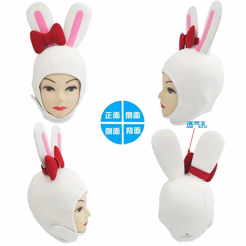 Tooke 3mm Diving Hood OS with Velcro-White Rabbit with Red Bow.