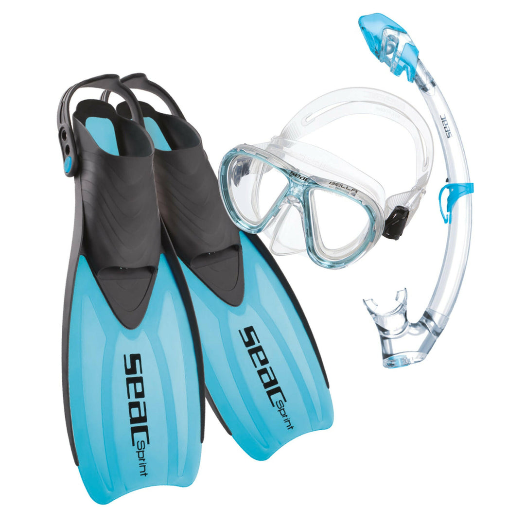 Seac Set Sprint Dry, Snorkeling Set With 100% Pure Silicone Mask, Snorkel With Dry Top And Fins.