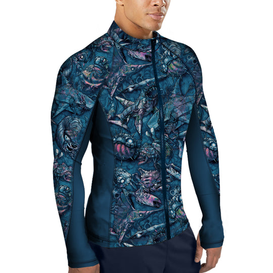 SpaceFish Full Zip Clockwork Ocean Rash Guard, Mens