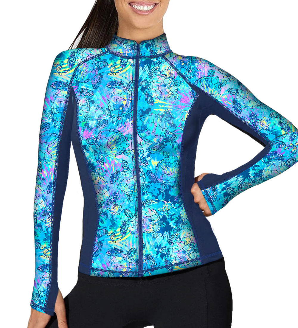 Spacefish Full Zip Up Turtle Tie Dye Rash Guard, Womens